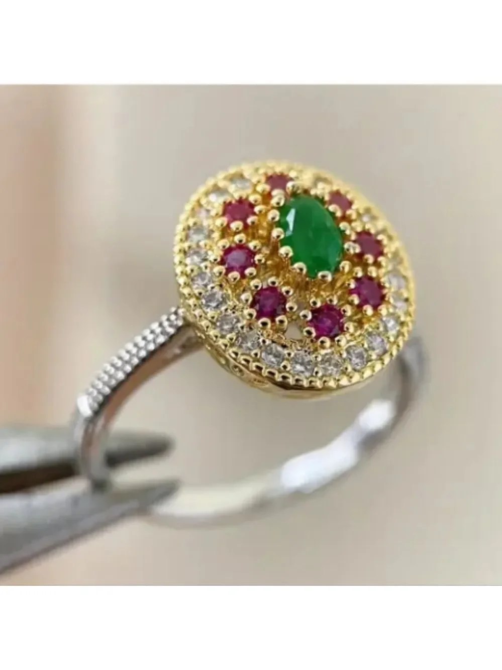 Two Tone Ring Green Red Stones